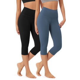 ODODOS 2-Pack High Waist Workout Capris for Women, 19" Tummy Control Athletic Running Cropped Leggings, Black+Ink Blue, Small
