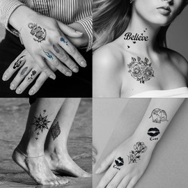 72 Sheets Temporary Tattoos for Women and Girls, Flower Tattoo Temporary, Butterfly Tattoos, Fake Black Tiny Temporary Tattoos Body Art Sticker