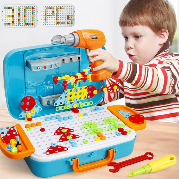STEM Building Toys For 3 4 5 Years Old 310Pcs Learning Educational Construction Design And Drill Set Creative Mosaic Electric Drill Screw Driver Blocks Set Toy For Kids Boys Girls Birthday Gift