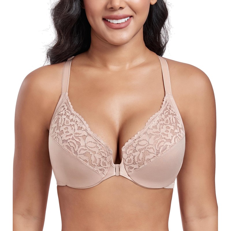 DotVol Plus Size Front Closure Flower Lace T-Back Underwire Everyday