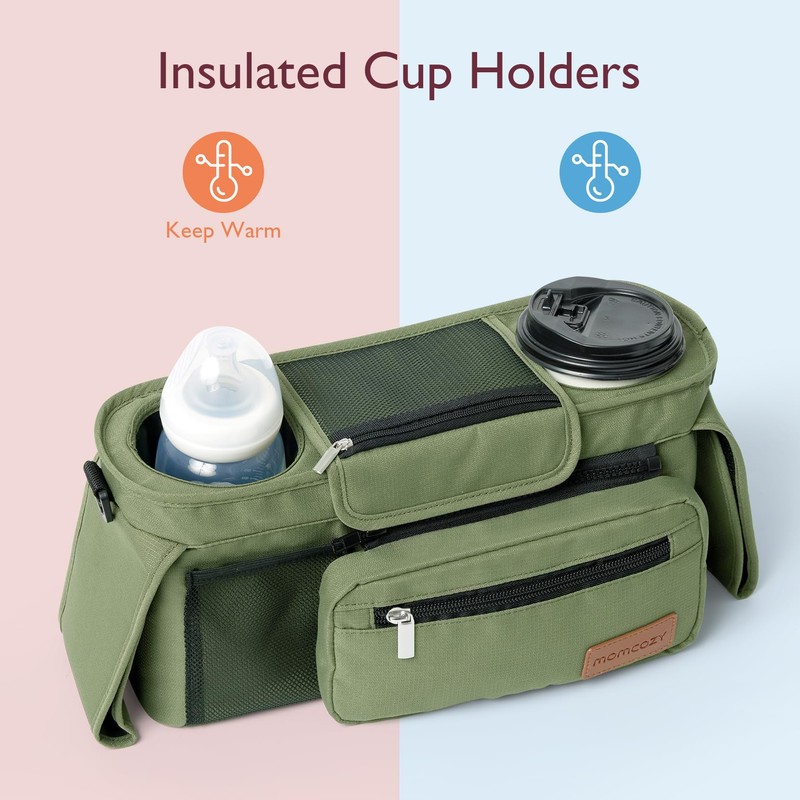 Momcozy Universal Baby Stroller Organizer, 2 Insulated Cup Holder, Detachable