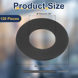 sourcing map 120 Pcs M10 PVC Flat Washers 10mm ID 20mm OD 0.5mm Thick Plain Washer Grommets Plastic Sheet Gasket Fastener Sealing Spacer Gasket Ring Water Hose Washers, Black
