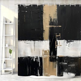 Oil Painting Abstract Shower Curtain, Boho Black White Brown Rectangle Decor Bath Curtains Set, Modern Painting Brushstrokes Fabric Waterproof Bathroom Decor with 12 Hooks 72x72in