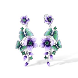 Santuzza 925 Sterling Silver Peony Stud Earrings Enamel Purple Flower & Green Butterfly Spinel Drop Earrings
