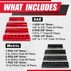 8Pcs Magnetic Socket Organizer Set, 1/2", 1/4" and 3/8" SAE & Metric Deep & Shallow Tools Tray Holder Kit, holds 199pcs Sockets (sockets not included) (8PC 1/2&3/8&1/4)