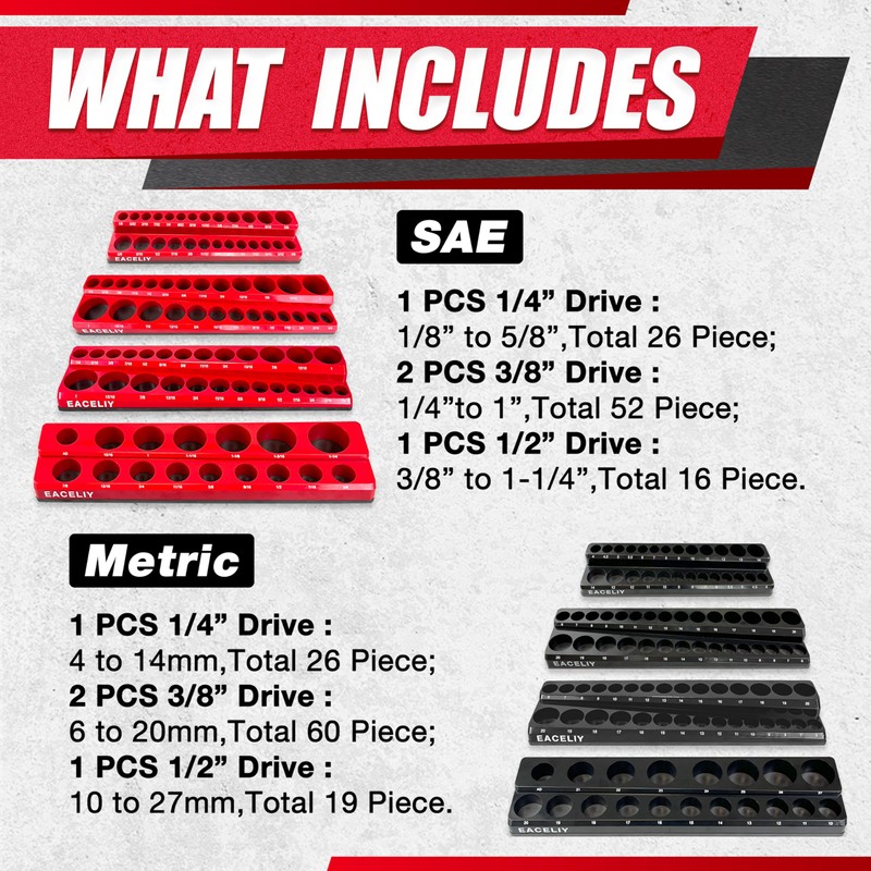 8Pcs Magnetic Socket Organizer Set, 1/2", 1/4" and 3/8" SAE
