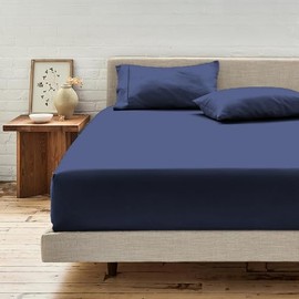LINENWALAS 100% Cotton Percale King Size Fitted Sheet, Crisp and Cooling 40 CM Deep Pocket Fitted Bed Sheet, Premium Cotton Bottom Bedsheet 150x200 CM (King, Indigo)