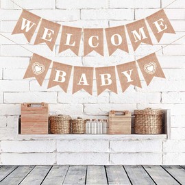 Borsgye Welcome Baby Burlap Bunting Banner Swallowtail Flag Handwriting Baby Shower Banner Adjustable DIY Decoration for Baby Shower Welcome Sign Baby Photo Prop Gender Reveal Party Supplies