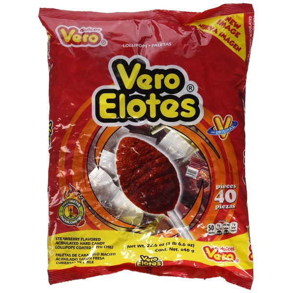 Vero Elotes Paletas Sabor Fresa Con Chile Mexican Hard Candy Chili Pops 40 Pcs