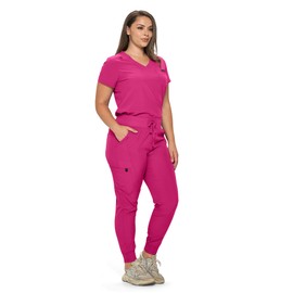 MONARCH UNIFORMS Stretchy Scrubs Women's Jogger Scrub Set In Regular and Petite Jogger Scrubs with Tuck-In Top for Women, Hot Pink, 3X-Large