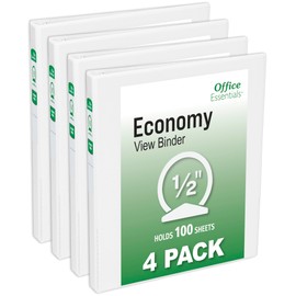 Office Essentials Economy View 3 Ring Binders, 0.5" Round Rings, 0.7" Spine, 100-Sheet Capacity, White Binders, Ideal for Occasional Use and Light Referencing (4-Pack of 03124)