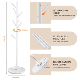 LOZABEE Coat Rack Stand with Natural Marble Base, Metal Coat Rack Freestanding, Modern Coat Racks, Heavy Duty Standing Coat Tree Hanger for Jacket, Bag, Entryway, Office