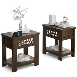 Giantex Mirrored Nightstand Set of 2, Retro End Table with Mirror Front Drawer and Open Storage Shelf, 2-Tier Wood Bedside Table, Small Side Table Accent Table for Living Room, Bedroom, Brown