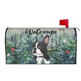 DZGlobal Welcome Winter Mailbox Covers Boston Terrier Mail Box Cover Magnetic Standard Size 18 x 21 Dog on Holiday Mailbox Cover Cardinal Birds on Pine Tree Snow Mailbox Wrap