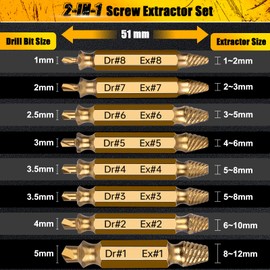 Topec Damaged Screw Extractor Set 8Pcs, HSS 4341 Easy Out Screw Extractor Set, Stripped Screw Extractor for Easy Removal of Stripped, Rusty, Broken Hardware, Valentines Day Gifts for Him, Men (Gold)