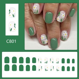 Green Press on Nails Short Square Fake Nails with White Flower Daisy Designs Green Leaf False Nails Spring Artificial Nails Cute Reusable Summer Stick on Nails for Women Girls Manicure 24Pcs