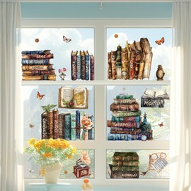 Vintage Book Window Stickers Double-Sided Window Clings Stickers for Glass Window for Classroom Preschool Decals Peel and Stick Watercolor Books Decorations Decals for Library Kids Nursery Wall Decor