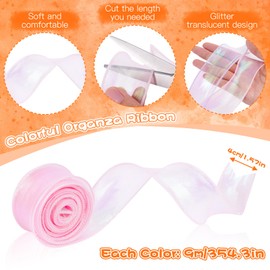 6 Rolls of Ribbon, 4 cm x 9 m Organza Ribbon, Translucent Glitter Gift Ribbon, Chiffon Ribbon for Gift Wrapping, Bouquets, Crafts (6 Colours)