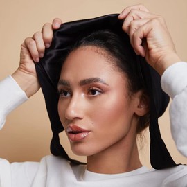 Belsen Satin Bonnet Silk Bonnet Sleep Cap Satin Lined Slouchy Beanie Night Sleeping Hat - Adjustable for Curly Hair (Black)