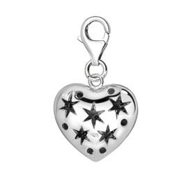 Quiges 3D Heart and Stars Clip On Charm Pendant with Cubic Zirconia Silver Plated Women's Jewellery