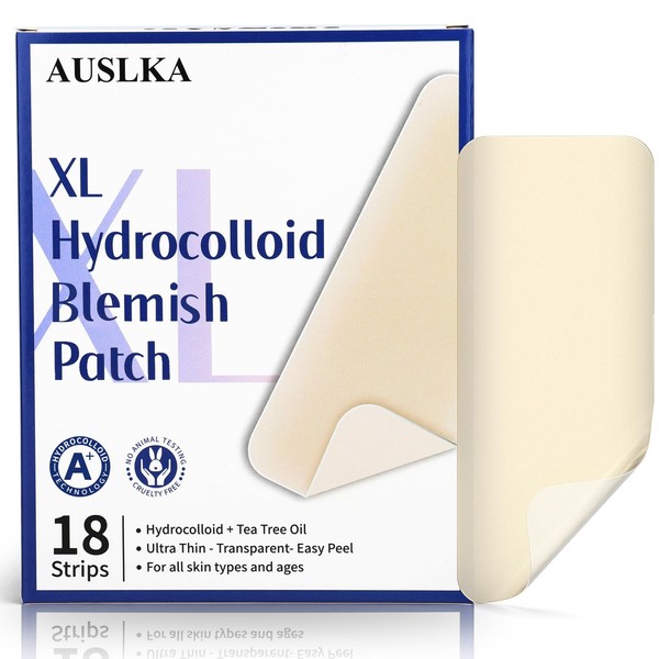 AUSLKA Large Blemish Patches XL -18 Strips - Hydrocolloid Patch for Covering Zits - Spot Stickers -Vegan and Cruelty for Face and Skin