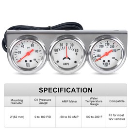 2" 52 mm 3 in1 Car Meter Triple Gauge Kit Oil Pressure Gauge AMP Mete Water Temperature Gauge AMP Set White Face 12V Car Meter