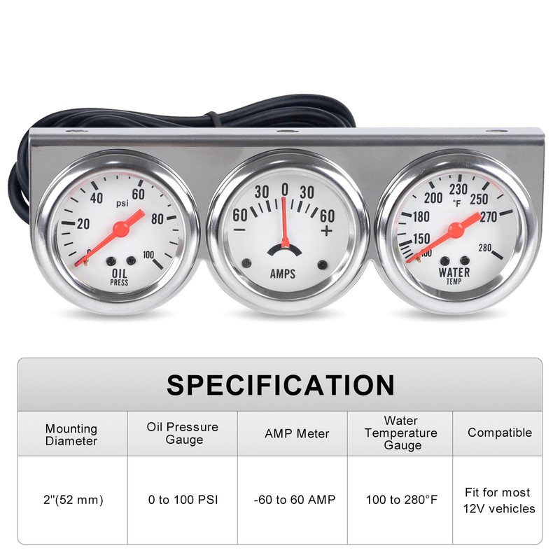2" 52 mm 3 in1 Car Meter Triple Gauge Kit