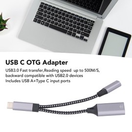 USB C to USB3.0 Adapter, USB C OTG Adapter, USB A and Type C Dual Input Ports, Fast, Stable Transmission, Fast Charging Made of Aluminium Alloy for Computers