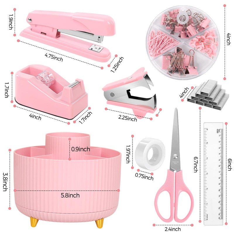 SKYDUE Pink Desk Accessories 10Pcs, Rotating Pen Holder for Desk,