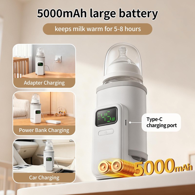 Portable Bottle Warmer, Rechargeable 5000 mAh Battery,Digital Display