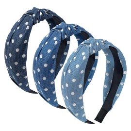 Mirlern 3-Piece Wide Denim Knotted Headbands for Women and Girls, Top Knot Blue Cloth Headband, Non-Slip Fashion Hairbands Hair Accessories (Polka Dot Style)