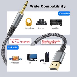 Oyiqar USB to 3.5mm Audio Aux Cable, 4FT USB to AUX Male TRS Stereo Cord Nylon Braided USB to AUX Converter for PC, Laptop, Speaker, Headphones, Note: Does not Support Recording & Charging
