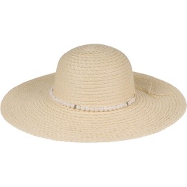 styleBREAKER 04025043 Women's Straw Hat Paper Straw with Pearl Band Wide Frayed Brim Sun Hat Floppy Hat, beige