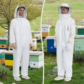 QHZHANG Professional Beekeeping Suit for Men & Women - Full Bee Suit with Sheepskin Gloves, 2 Ventilated Fencing Veil Hoods, Durable & Breathable Design - Beekeeper Protective Gear(M)
