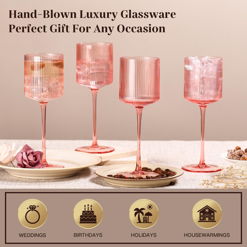 Vintacicle Pink Square Wine Glasses Set of 6, Elegant Ribbed