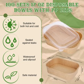 FYSUIMU 100Pcs 17oz Disposable Kraft Paper Bowls With Lids Rectangle Food Containers Salad Bowls For Home Restaurant Camping Hot Cold Take Out