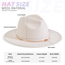White Fedora Hats for Women 100% Wool Wide Brim Fedora Hat for Men with Metal Ring Dress Panama Felt Trilby Hats Costume (US, Alpha, Large, White)