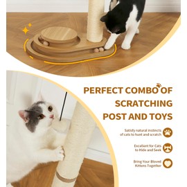 Made4Pets Cat Scratching Post Cat Scratcher Kitten Toys for Indoor Cats Wooden Ball Track Two-Layer Modern Sisal 32" Tall Scratch Post Interactive Toy with Dangling Ball Large Size