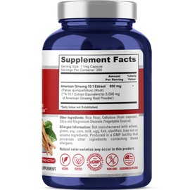 NusaPure American Ginseng 10:1 Extract, 500 mg Equivalent to 5000mg - 200 Veggie Capsules (Vegetarian, Non-GMO, Vegan)