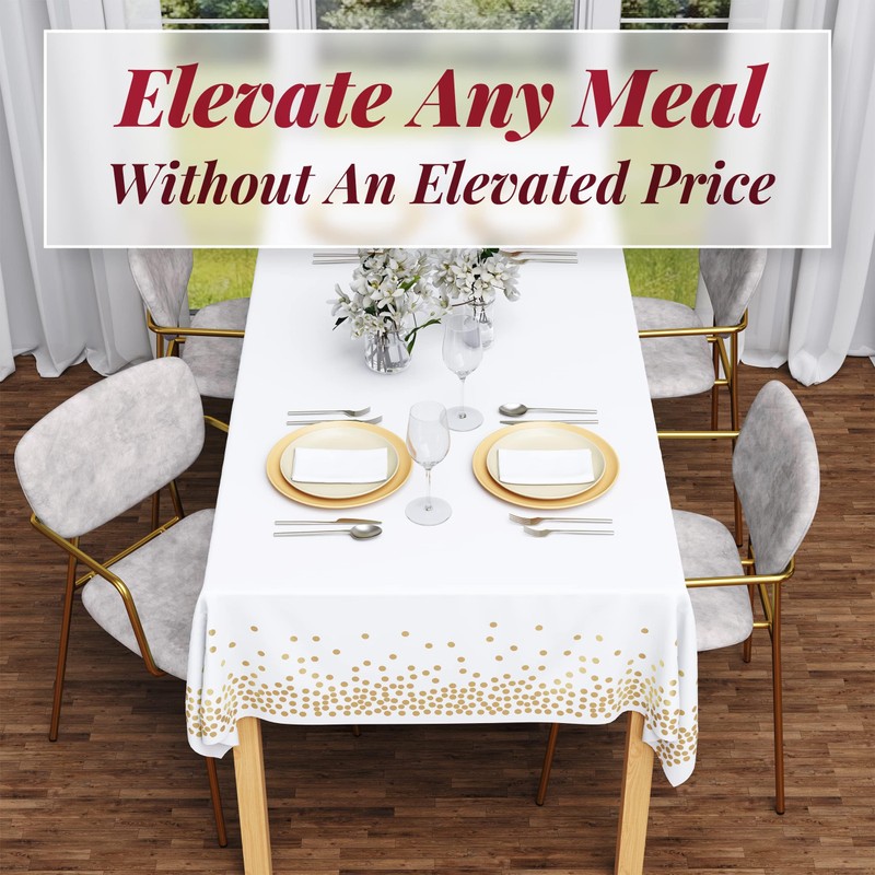 4 Pack Disposable Plastic Tablecloth, Gold Stamping Dot Rectangular Table