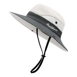 SEYUFN Women's Sun Hat Outdoor Summer Hiking Hat Women's UV Protection Bucket Cap Foldable Mesh Ponytail Wide Brim for Safari Fishing, A-grey-beige