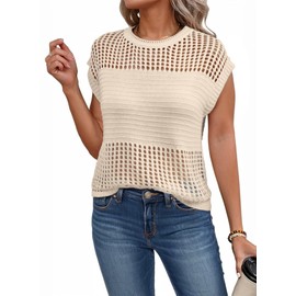 EVALESS Womens Spring Summer Beach Vacation Trendy Casual Crochet Tops Clothes Outfits 2025 Fashion Crewneck Cap Sleeve Sweater Vest Shirts Cover Ups,Apricot Medium