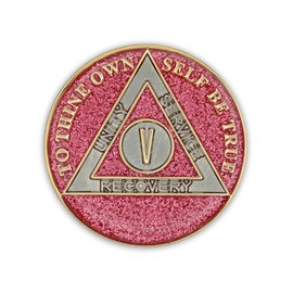5 Year Sobriety Coin | Glitter Triplate AA Chip Recovery Anniversary Token (Pink)
