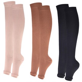 Dress Cici Open Toe Compression Socks for Women, Polyester Knee High Long Socks Toeless Small Size (3 Pairs: Beige+Black+Coffee), Asia Size S