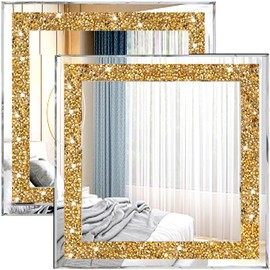 ZOLAPI 2PCS Crystal Rhinestone Diamond Wall Mirror.Brilliant Hand-Spliced Glass Mirror.Gold Accent Decorative Mirror for Hallway/Bathroom/Bedroom（12”x12”）