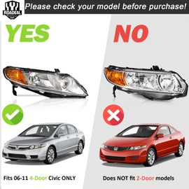 ROADEAL Headlights W/Bulbs for 2006-2011 Honda Civic 4-Door Halogen Headlamp Replacement Driver & Passenger Side (NOT fit 2-Door)