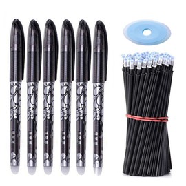 KPSRFG 57Pcs Erasable Pens Black, 6Pcs Pens with Rubbers on The End and 50 Ballpen Refills 0.5 Mm, with 1 Eraser, Erasable Gel Pens that Rub Out for Kids Adults Writing Stationary School Supplies
