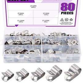 Swpeet 80Pcs 304 Stainless Steel 6mm-16mm Vinyl Cable Coated Clamps Assortment Kit, Without Rubber Cushioned Insulated Clamp, Metal Clamp, Tube Holder for Tube, Pipe or Wire Cord Installation