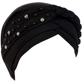 Women Girls Turban Hat, Rhinestone Pearl Braid Turban Head Wrap Baggy Slouchy Beanie Chemo Cap Headwear Hair Wrap