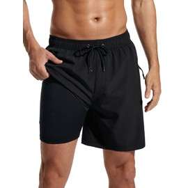 SILKWORLD 7 Inch Swim Trunks for Men Swimsuit with Compression Liner Bathing Suit Quick Dry Swim Shorts with Zipper Side Pockets,Black,Medium